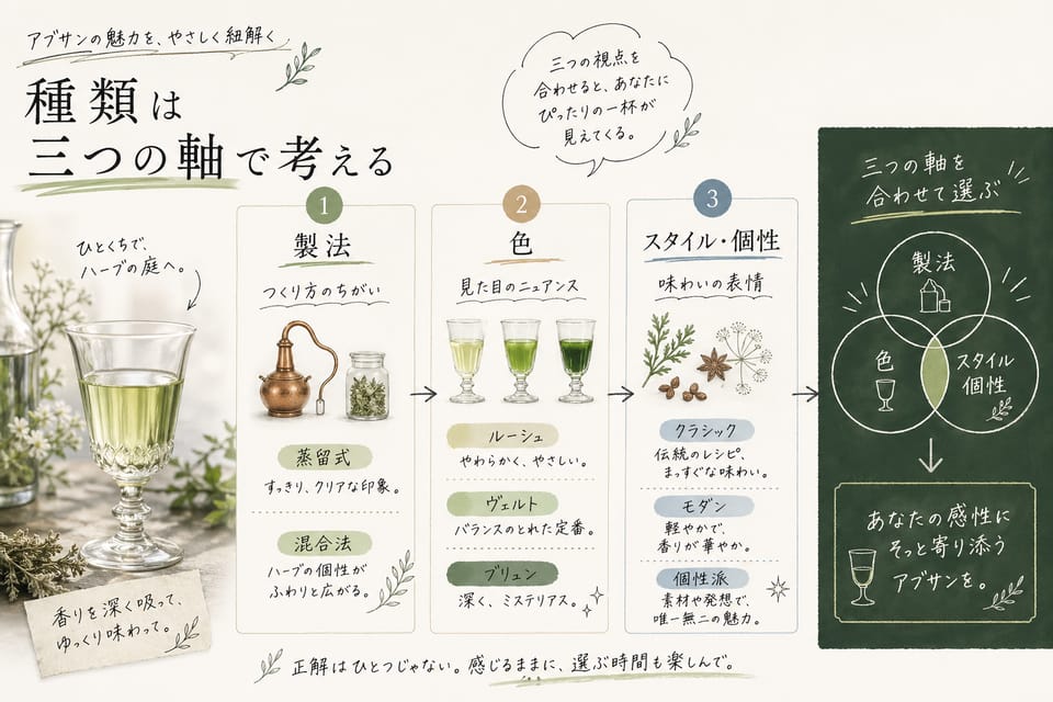アブサンの種類一覧｜ヴェール・ブランシュ・蒸留品の違いを整理：種類は三つの軸で考える