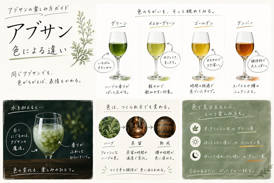 アブサンの種類一覧｜ヴェール・ブランシュ・蒸留品の違いを整理：色による違い