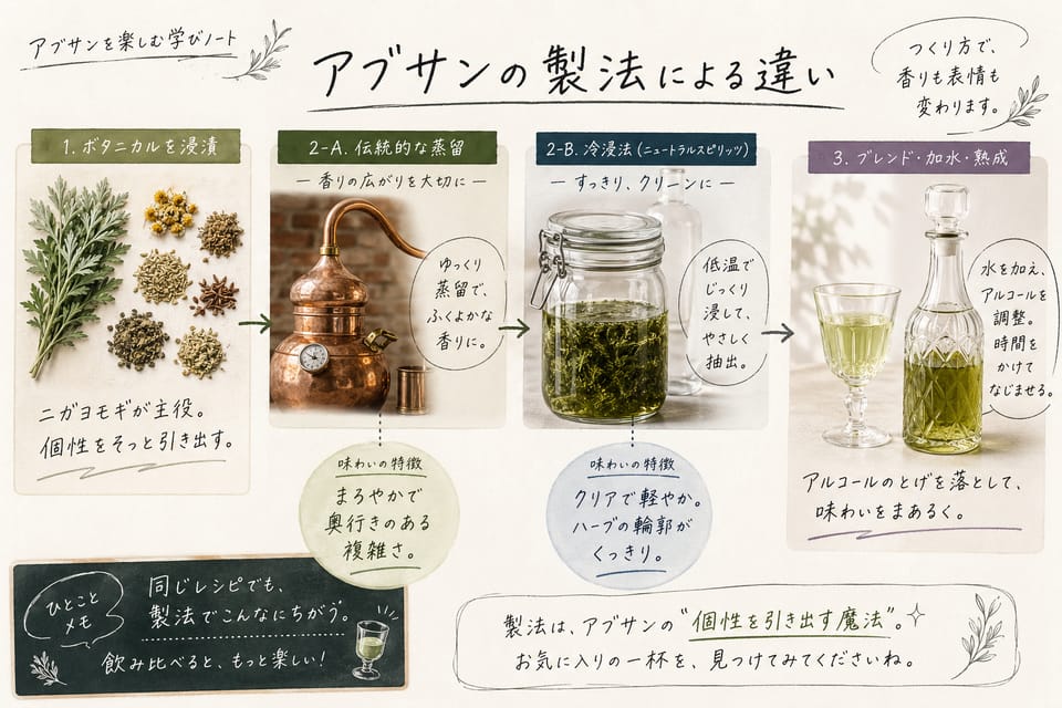 アブサンの種類一覧｜ヴェール・ブランシュ・蒸留品の違いを整理：製法による違い