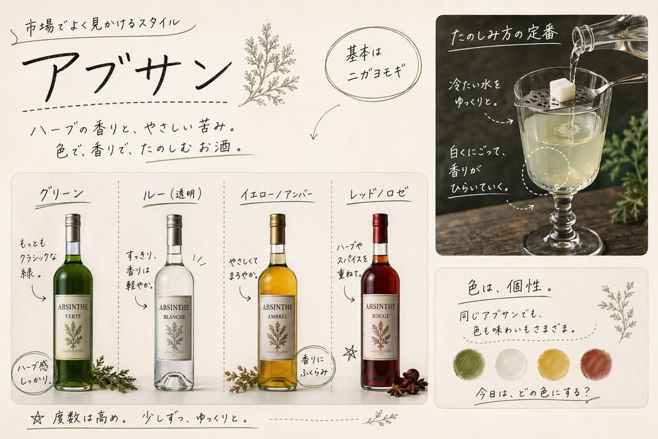 アブサンの種類一覧｜ヴェール・ブランシュ・蒸留品の違いを整理：市場でよく見かけるスタイル