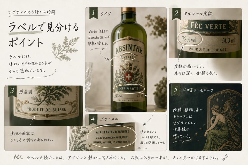 アブサンの種類一覧｜ヴェール・ブランシュ・蒸留品の違いを整理：ラベルで見分けるポイント