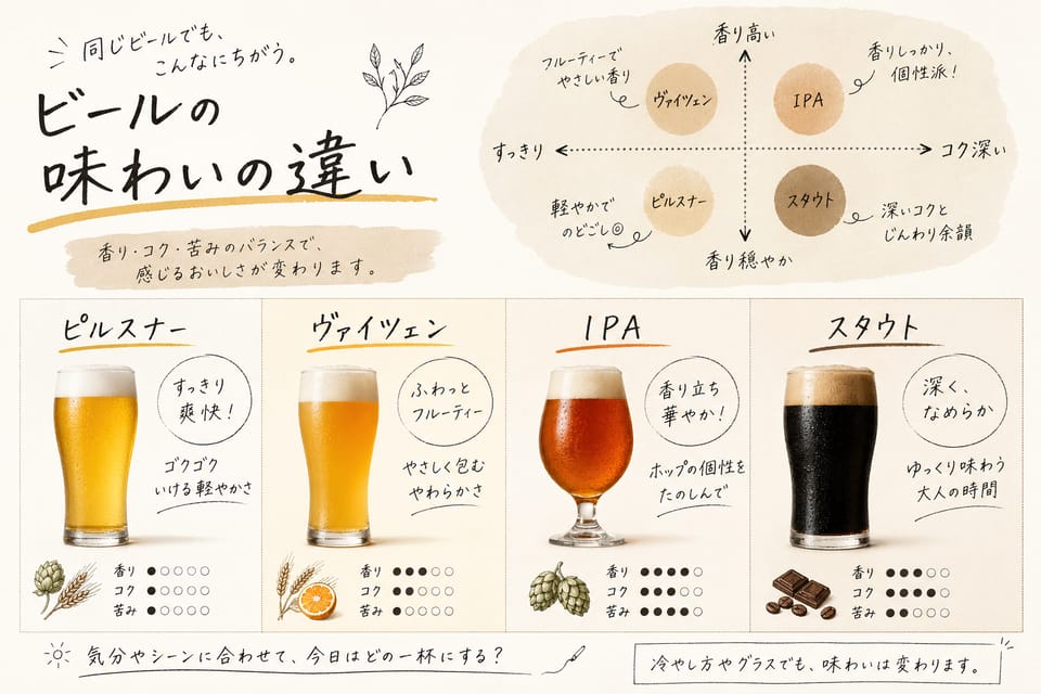 エールとラガーの違いとは？酵母・発酵・味の違いを解説：味わいの違い