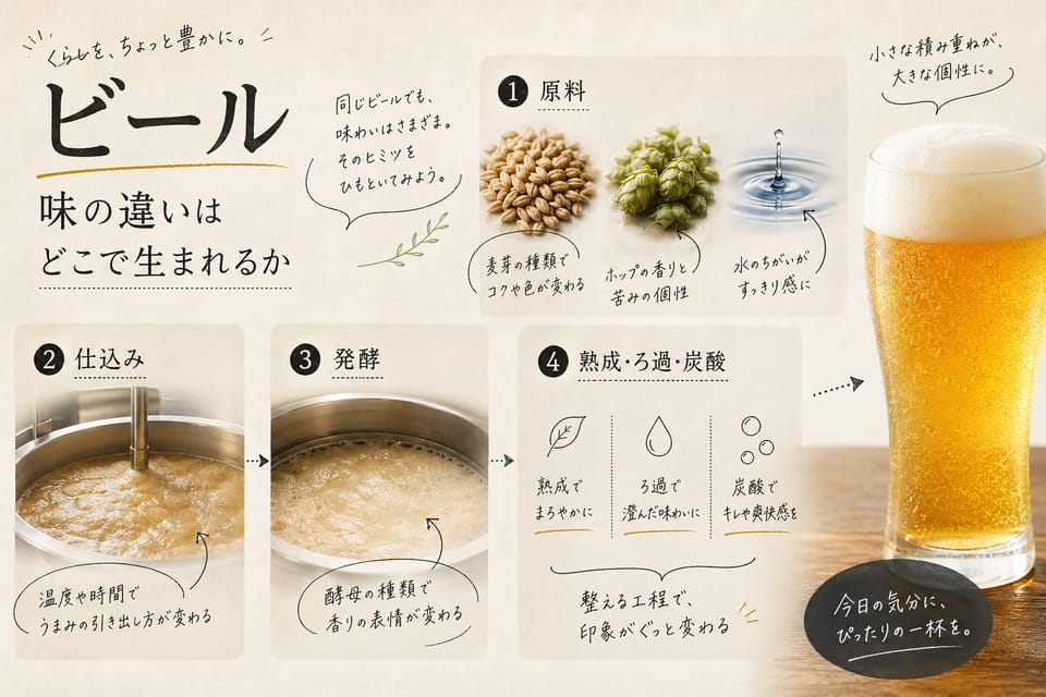 ビールの作り方とは？原料・工程・味が決まる仕組みを解説：味の違いはどこで生まれるか