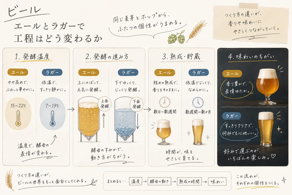 ビールの作り方とは？原料・工程・味が決まる仕組みを解説：エールとラガーで工程はどう変わるか