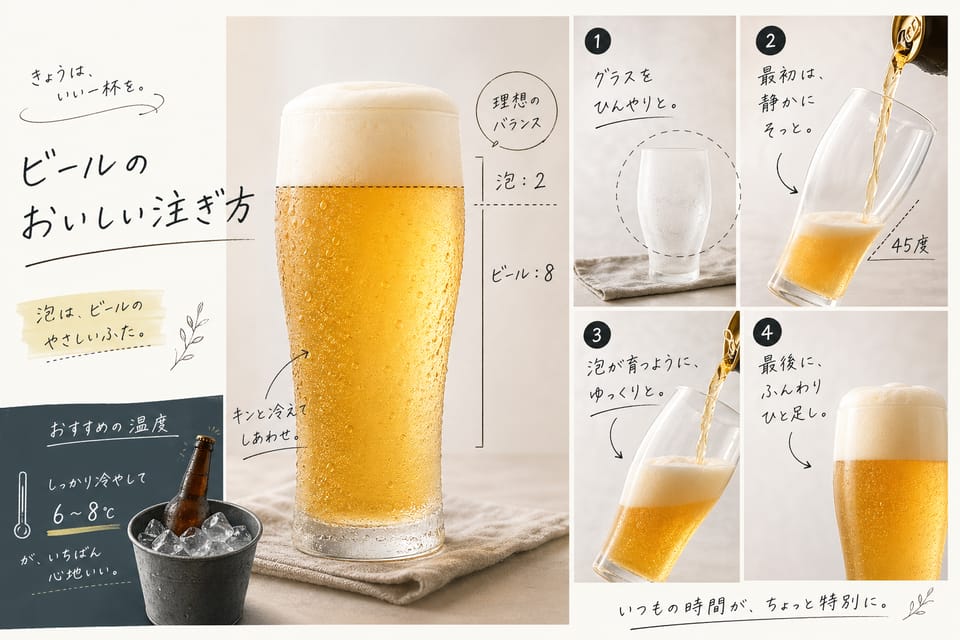 ビールの飲み方完全ガイド｜温度・泡・グラス・注ぎ方：ビールの飲み方で大切な四要素