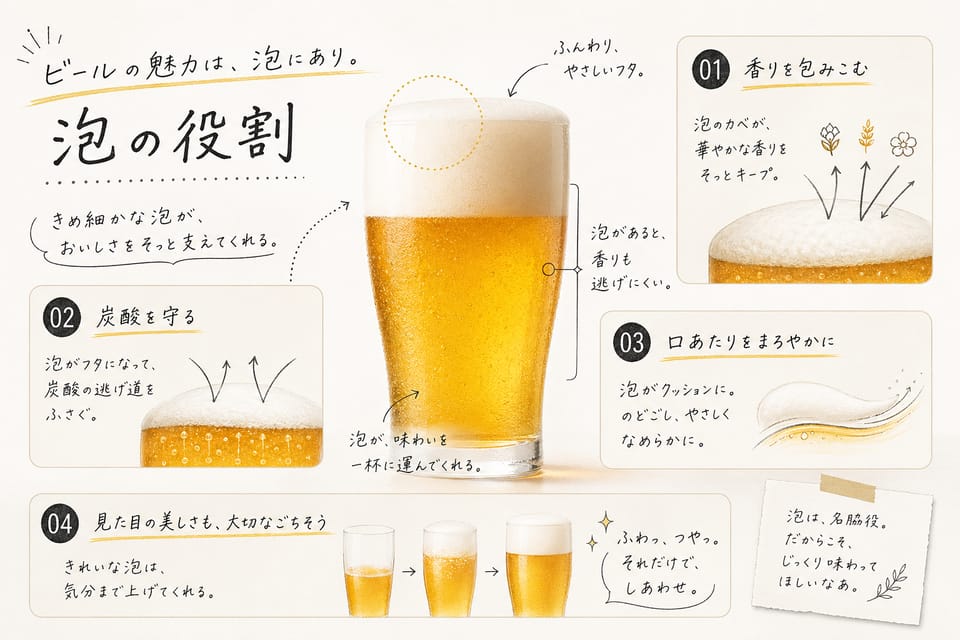 ビールの飲み方完全ガイド｜温度・泡・グラス・注ぎ方：泡の役割