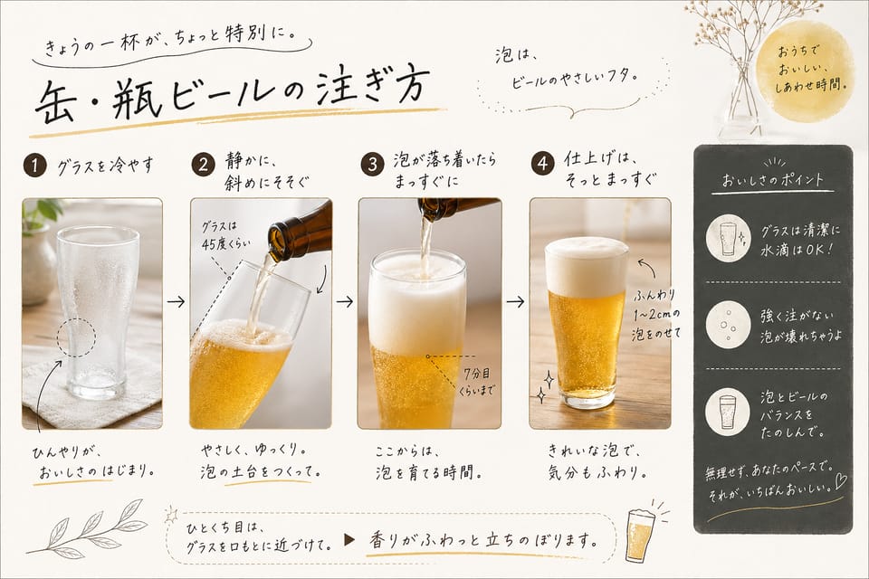 ビールの飲み方完全ガイド｜温度・泡・グラス・注ぎ方：缶・瓶ビールの注ぎ方