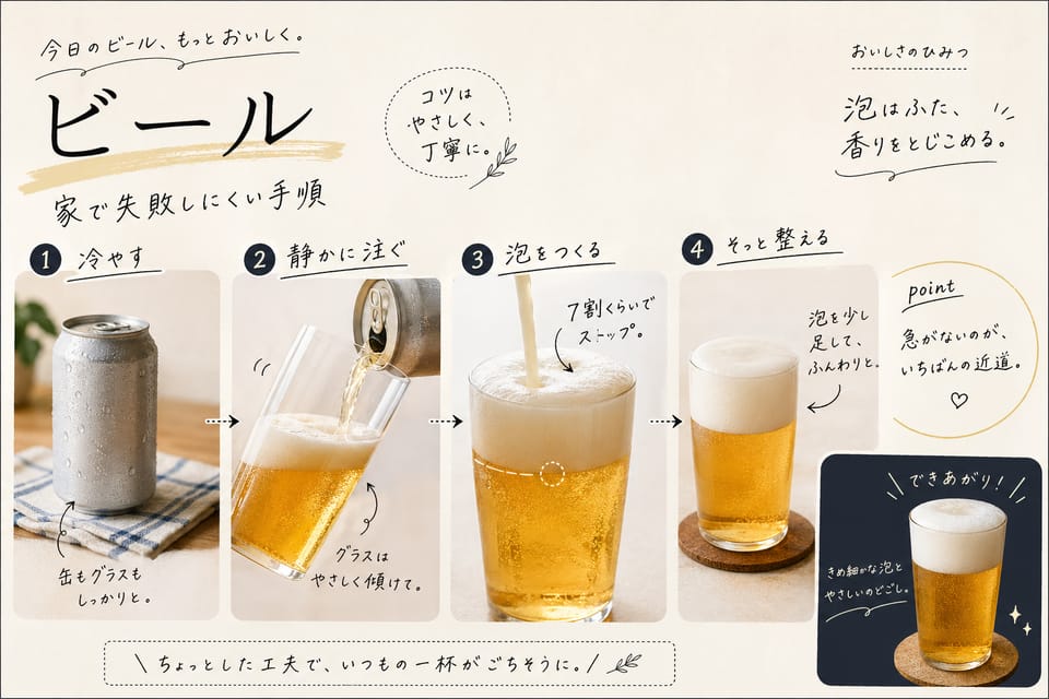 ビールの飲み方完全ガイド｜温度・泡・グラス・注ぎ方：家で失敗しにくい手順