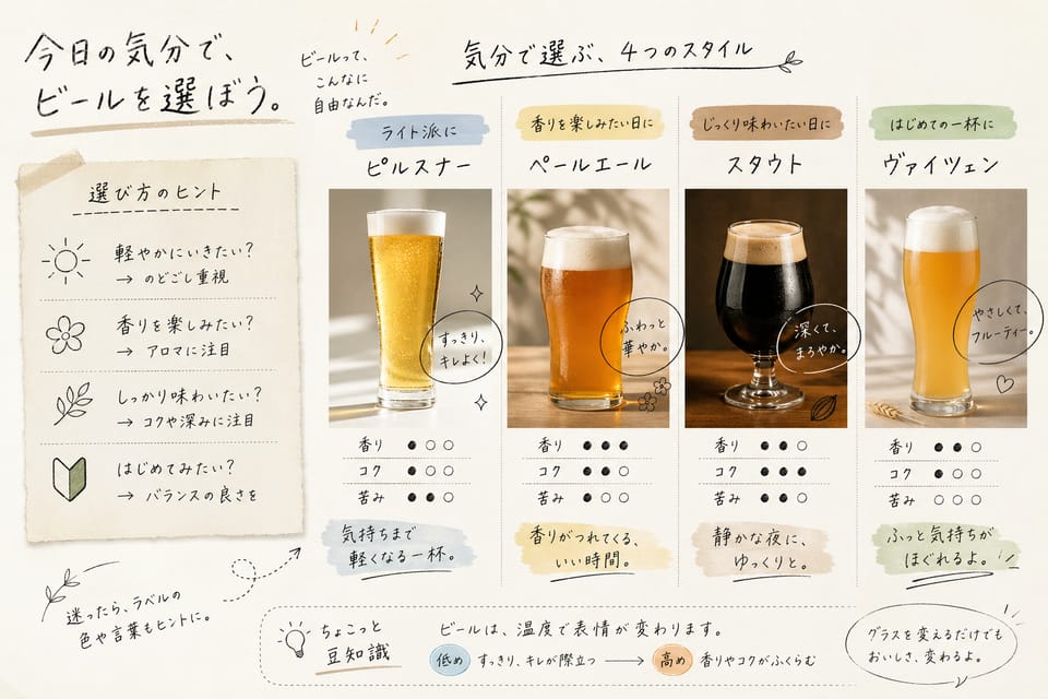 ビールのおすすめはどう選ぶ?初心者向け・タイプ別の選び方:おすすめを選ぶ前に見る四つの軸
