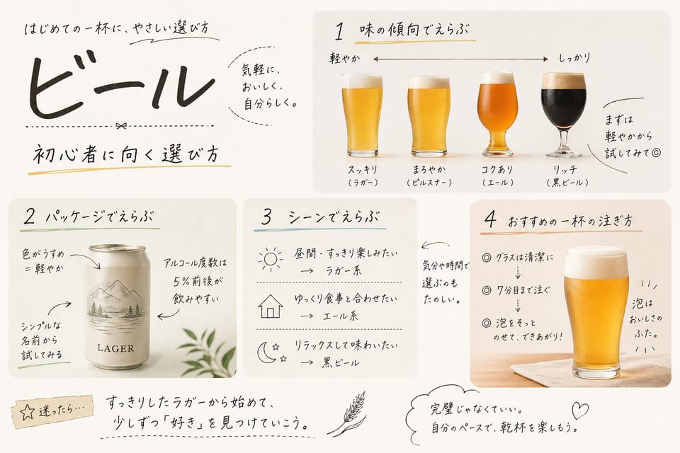 ビールのおすすめはどう選ぶ?初心者向け・タイプ別の選び方:初心者に向く選び方