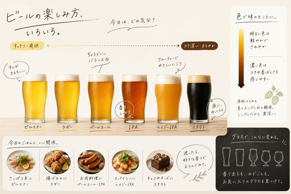 ビールの種類一覧｜基礎からビアスタイルまでまとめて解説：ビールの種類は三つの軸で考える