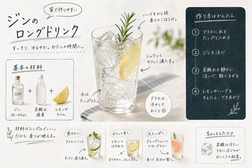 ジンカクテル一覧｜定番から家で作りやすい一杯まで解説：家で作りやすいロングドリンク