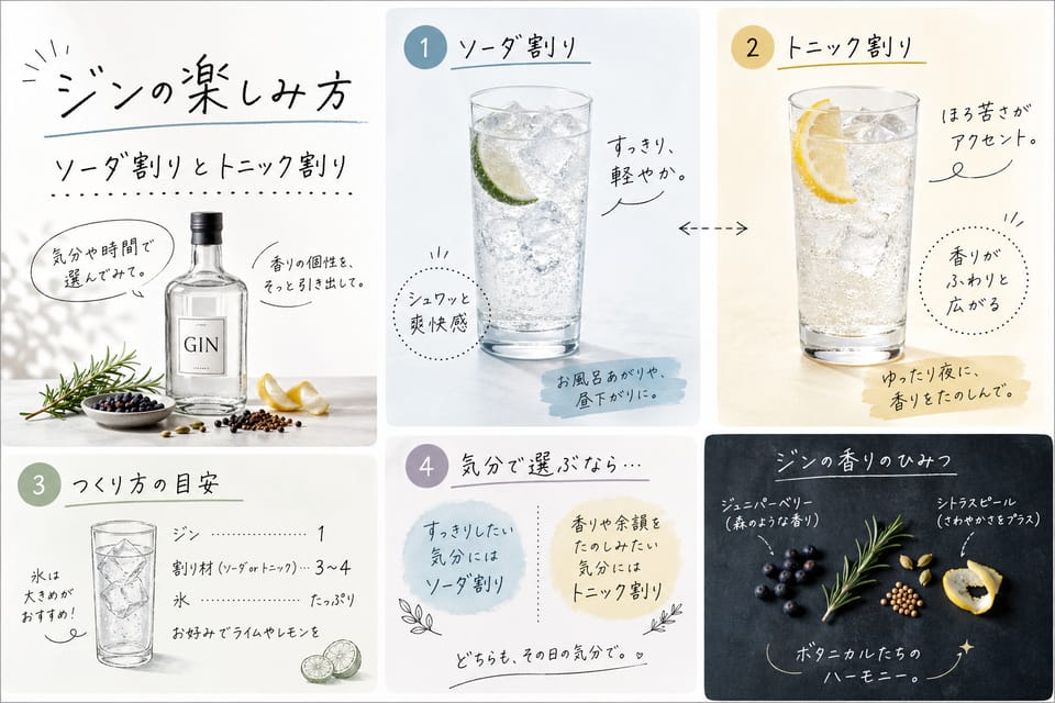 ジンの飲み方完全ガイド｜家飲みでも失敗しにくい順番：ソーダ割りとトニック割り