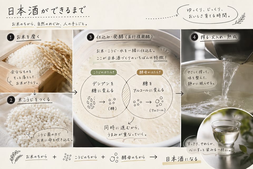 日本酒の作り方とは？原料・工程・並行複発酵を解説：日本酒はどんなお酒か