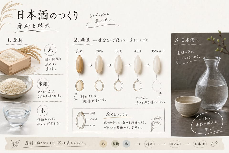 日本酒の作り方とは？原料・工程・並行複発酵を解説：原料と精米