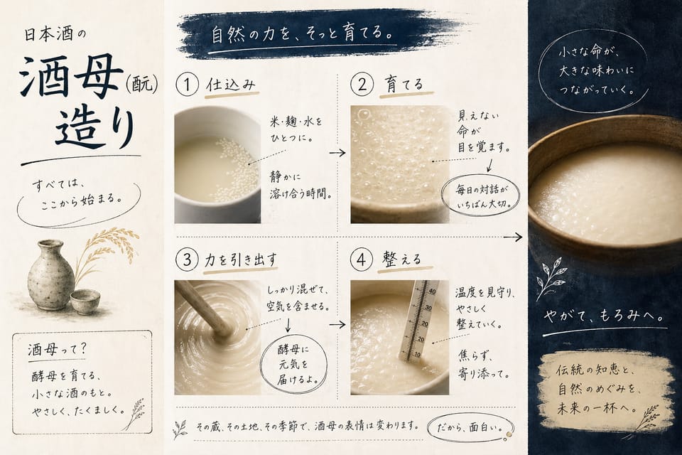 日本酒の作り方とは？原料・工程・並行複発酵を解説：酒母（酛）造り