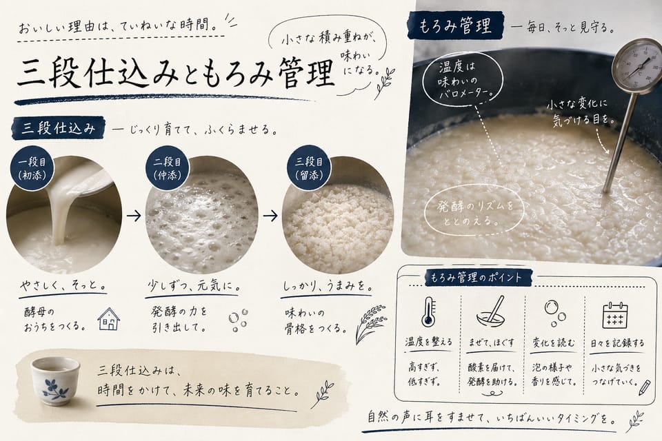 日本酒の作り方とは？原料・工程・並行複発酵を解説：三段仕込みともろみ管理