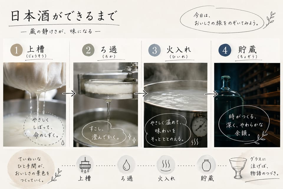 日本酒の作り方とは？原料・工程・並行複発酵を解説：上槽・ろ過・火入れ・貯蔵