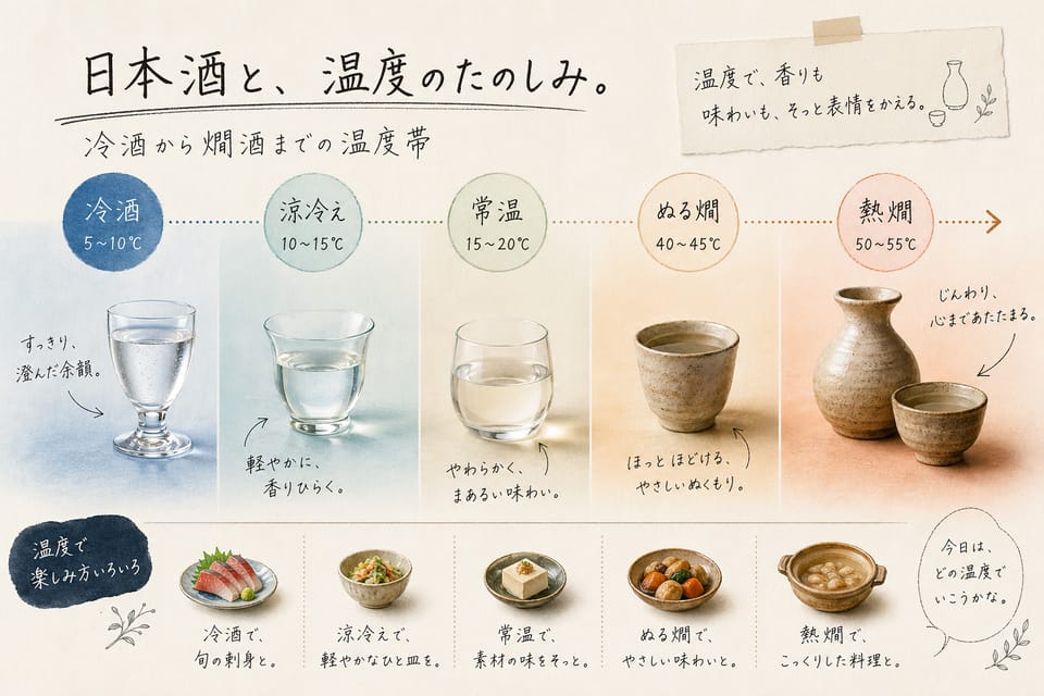 日本酒の飲み方完全ガイド｜温度・酒器・燗酒・和らぎ水：冷酒から燗酒までの温度帯