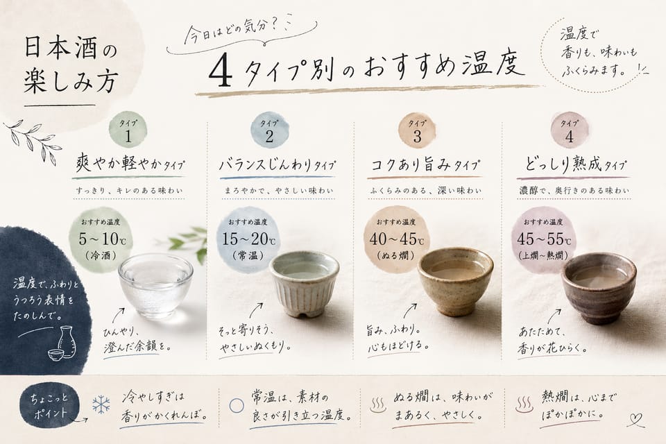 日本酒の飲み方完全ガイド｜温度・酒器・燗酒・和らぎ水：4タイプ別のおすすめ温度