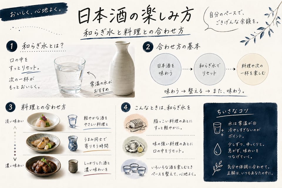 日本酒の飲み方完全ガイド｜温度・酒器・燗酒・和らぎ水：和らぎ水と料理との合わせ方