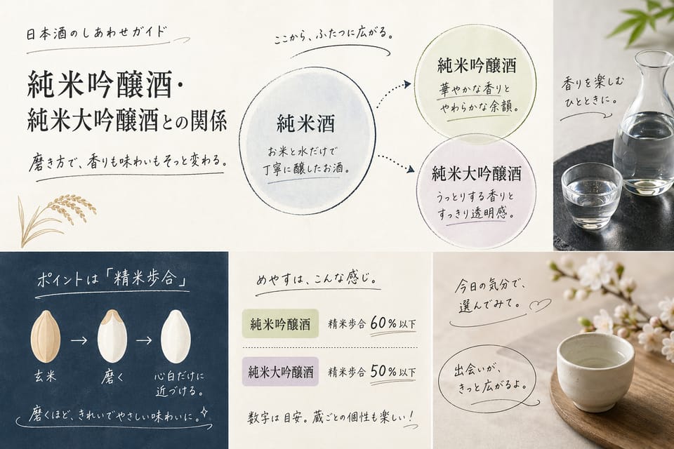 純米酒とは？吟醸酒・本醸造酒との違いまで解説：純米吟醸酒・純米大吟醸酒との関係