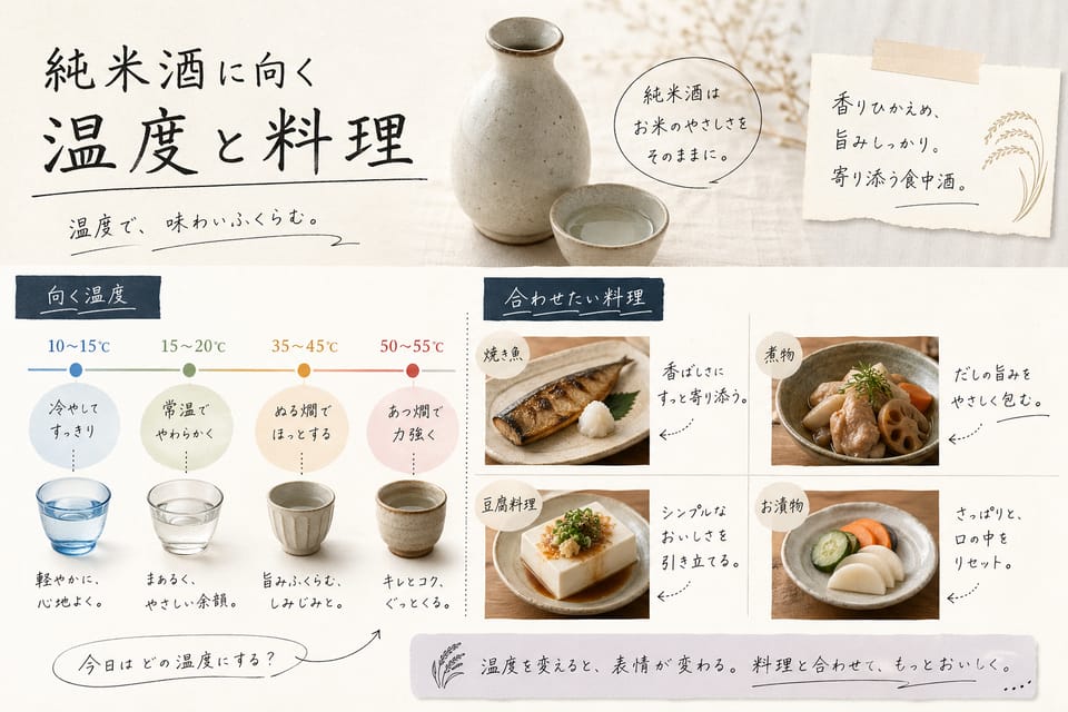 純米酒とは？吟醸酒・本醸造酒との違いまで解説：純米酒に向く温度と料理