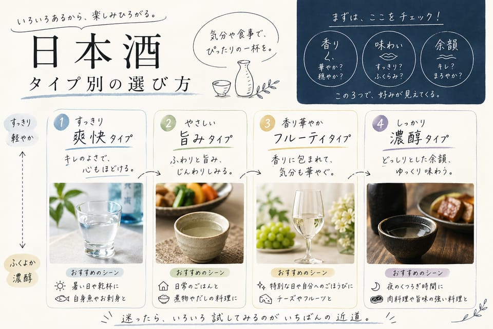 日本酒のおすすめはどう選ぶ?初心者向けの選び方を解説:タイプ別の選び方