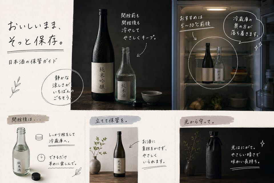 日本酒の保存方法｜開封後・要冷蔵・生酒の扱いまで解説：日本酒保存の基本は 低温・遮光・温度変化を減らすこと