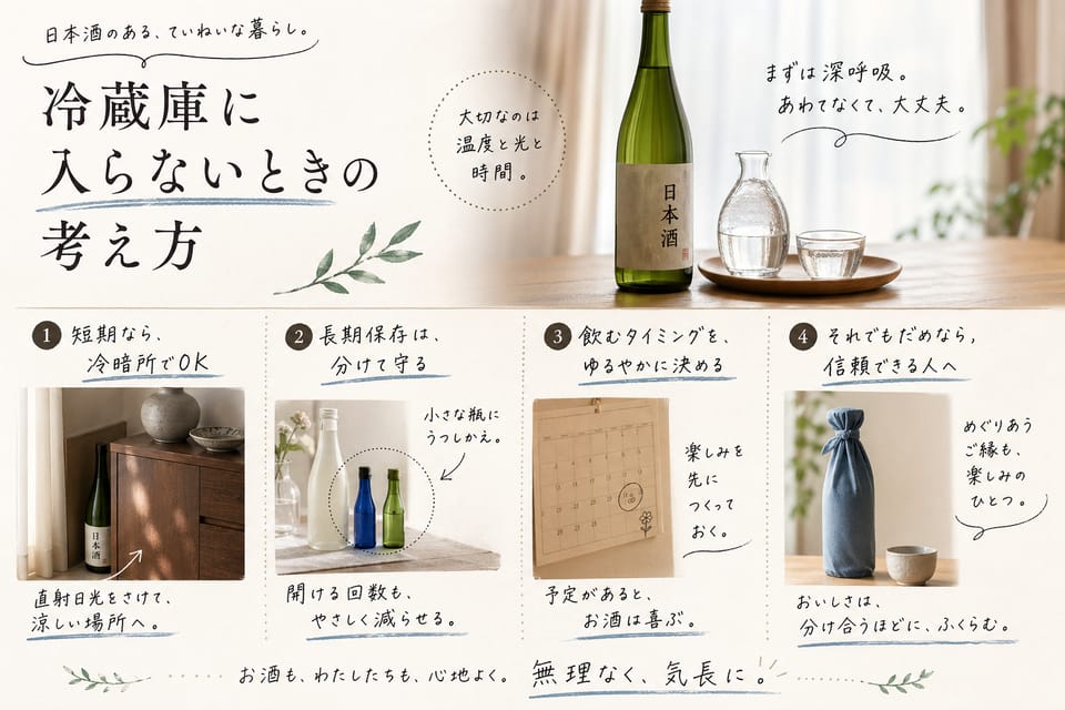 日本酒の保存方法｜開封後・要冷蔵・生酒の扱いまで解説：冷蔵庫に入らないときの考え方