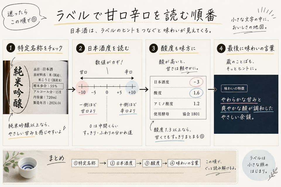 日本酒の甘口辛口とは？日本酒度・酸度の読み方を解説：ラベルで甘口辛口を読む順番