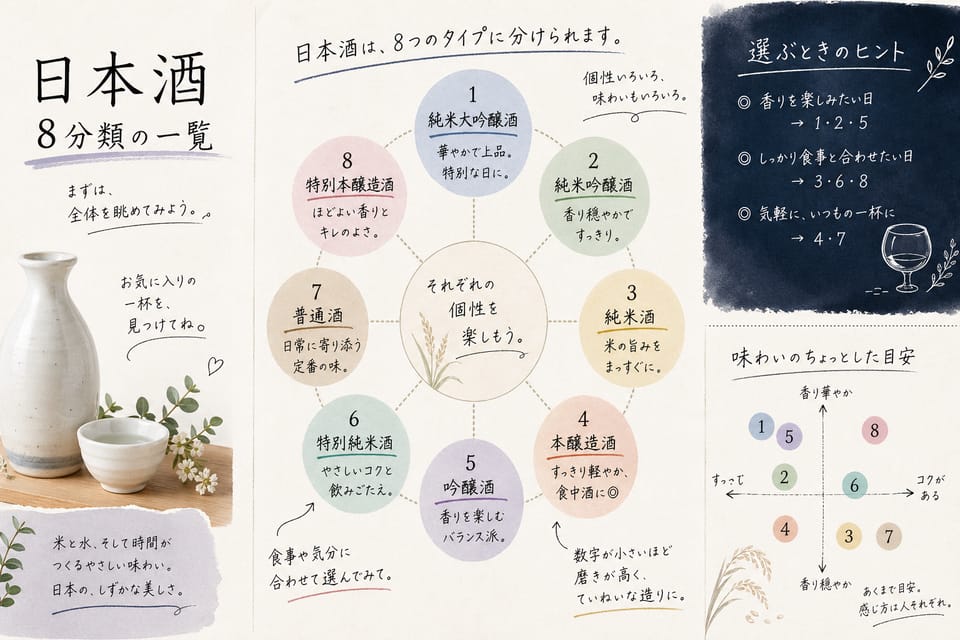 特定名称酒とは？8分類とラベルの読み方を解説：8分類の一覧