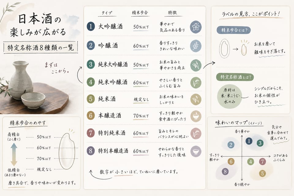 日本酒の種類一覧｜特定名称酒8種類と生酒・にごり酒の違い：特定名称酒8種類の一覧