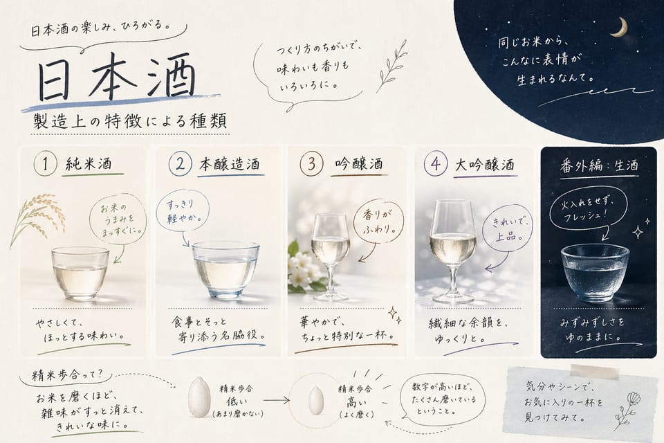 日本酒の種類一覧｜特定名称酒8種類と生酒・にごり酒の違い：製造上の特徴による種類