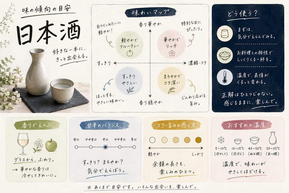 日本酒の種類一覧｜特定名称酒8種類と生酒・にごり酒の違い：味の傾向の目安
