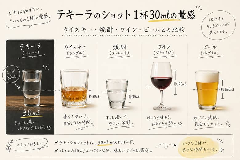 テキーラのショット1杯30mlの量感：ウイスキー・焼酎・ワイン・ビールとの比較