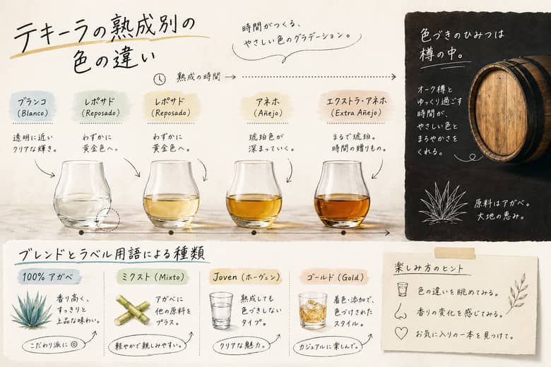 テキーラの熟成別の色の違い：ブレンドとラベル用語による種類