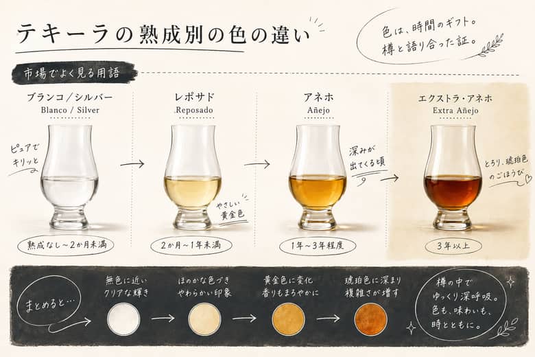 テキーラの熟成別の色の違い：市場でよく見る用語