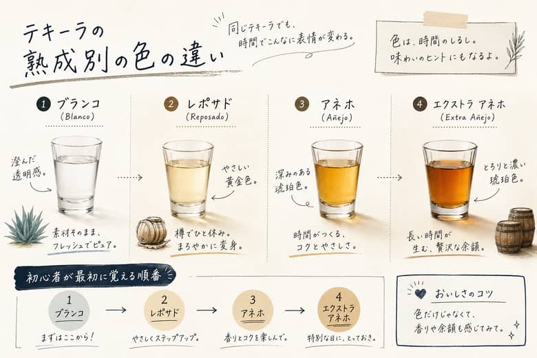 テキーラの熟成別の色の違い：初心者が最初に覚える順番