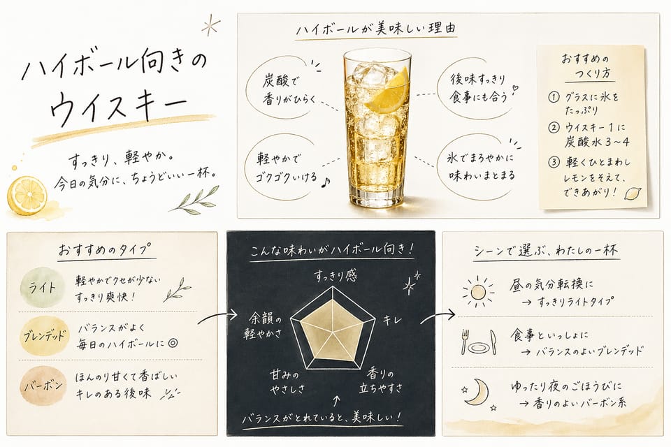 ウイスキーのハイボールとカクテル一覧｜作り方・比率・定番レシピ：ハイボール向きのウイスキー