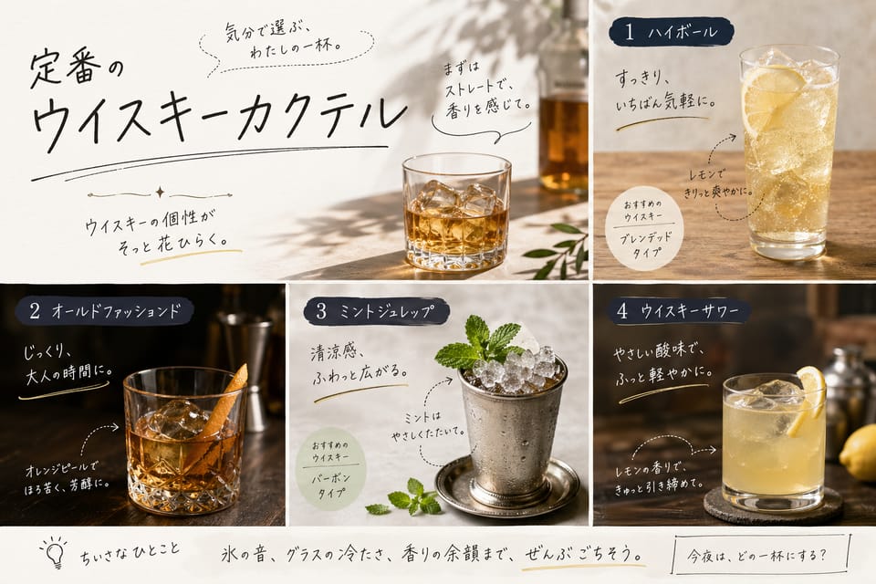 ウイスキーのハイボールとカクテル一覧｜作り方・比率・定番レシピ：定番のウイスキーカクテル