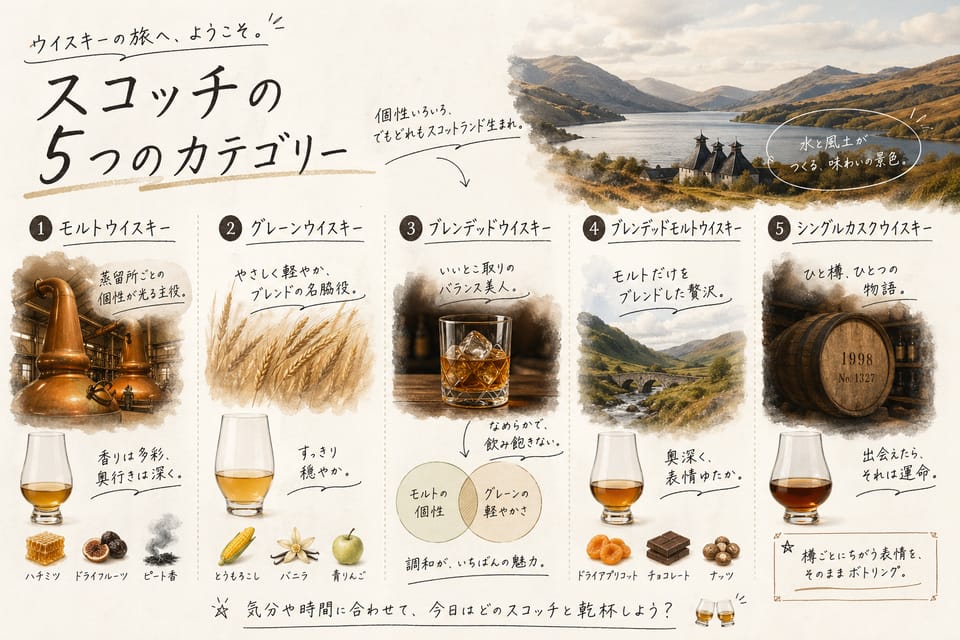 スコッチウイスキーとは？定義・種類・産地・味の特徴を解説：スコッチの5つのカテゴリー