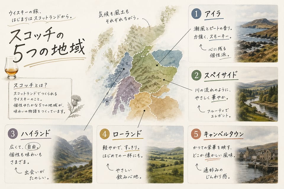 スコッチウイスキーとは？定義・種類・産地・味の特徴を解説：スコッチの5つの地域