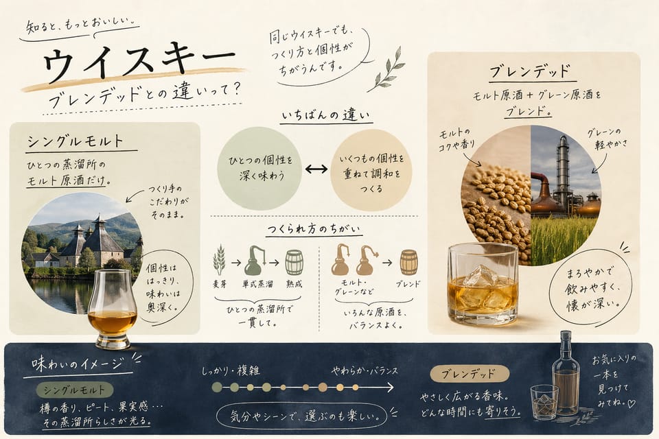 シングルモルトとは？意味・定義・ブレンデッドとの違いを解説：ブレンデッドとの違い