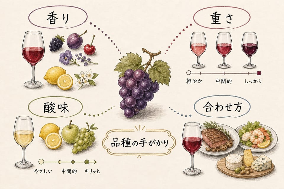 ワインの品種を知ると香り、重さ、酸味、合わせ方の手がかりになることを説明する手書き風図解