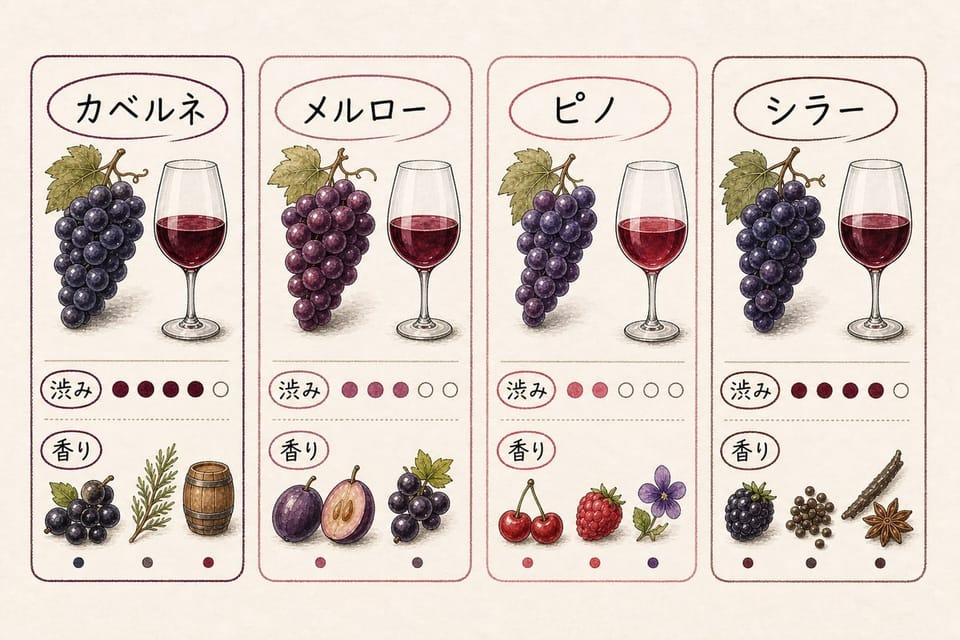 赤ワインの代表品種をカベルネ、メルロー、ピノ、シラーの渋みと香りで比較する手書き風図解