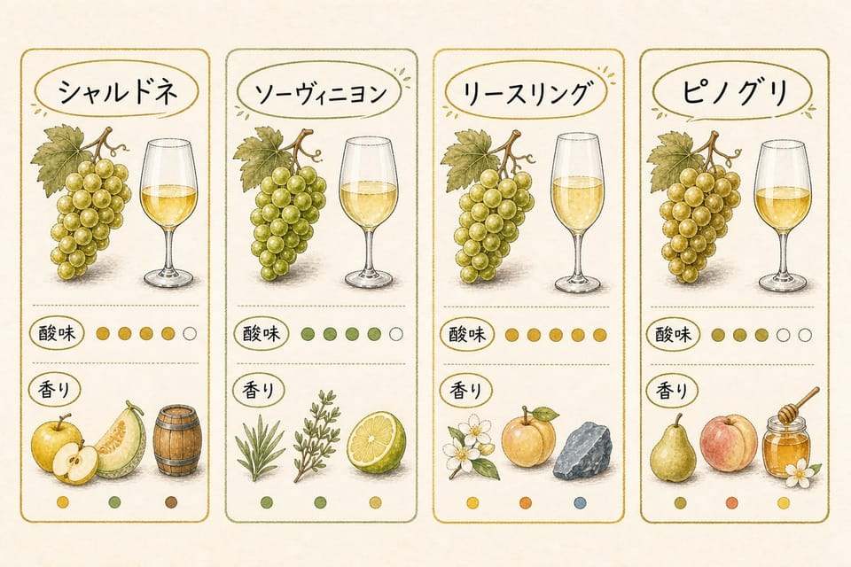 白ワインの代表品種をシャルドネ、ソーヴィニヨン、リースリング、ピノグリの酸味と香りで比較する手書き風図解