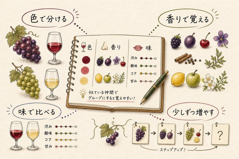ワイン品種の覚え方を色、香り、味で比べ、少しずつ増やす流れで説明する手書き風図解