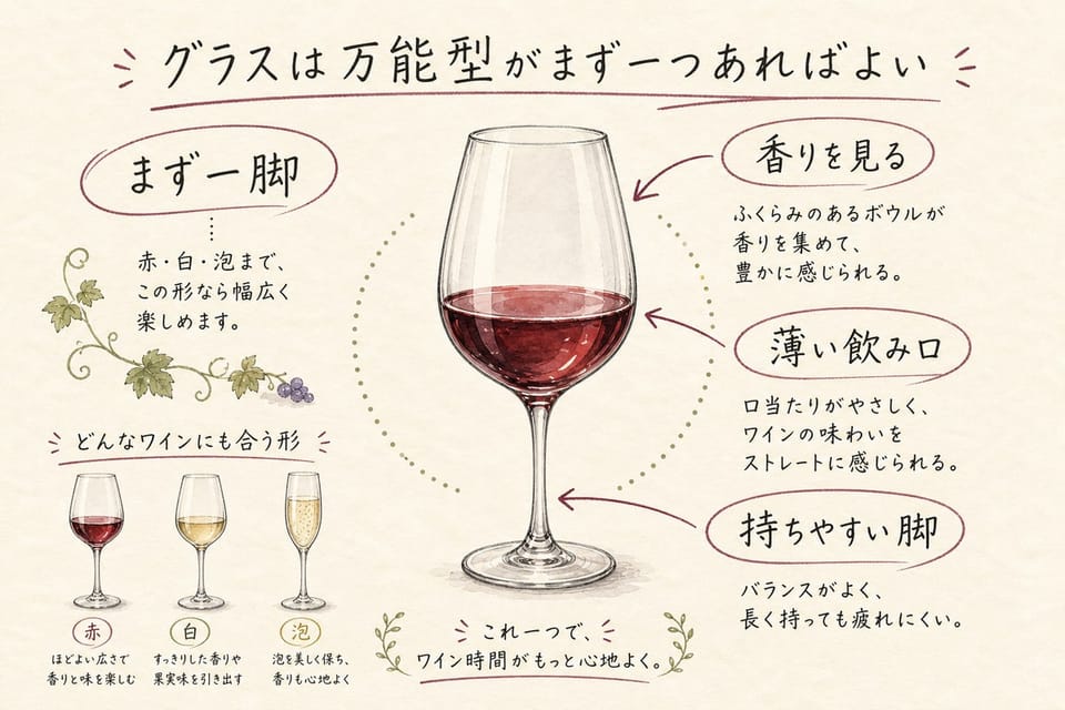万能型のワイングラスを香り、飲み口、脚で説明する手書き風図解