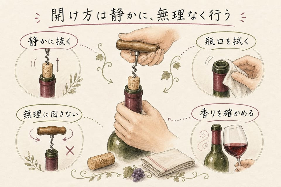 ワインの開け方を静かに抜く、瓶口を拭く、無理に回さない、香りを確かめる流れで説明する手書き風図解